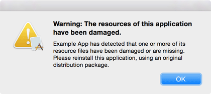 Warning: The
              resources of this application have been damaged.