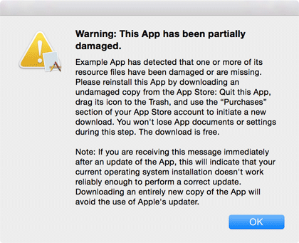 Warning: This App
              has been partially damaged.