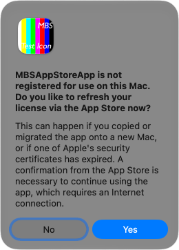… is not registered for
            use on this Mac. Do you like to refresh your license via the
            App Store now?