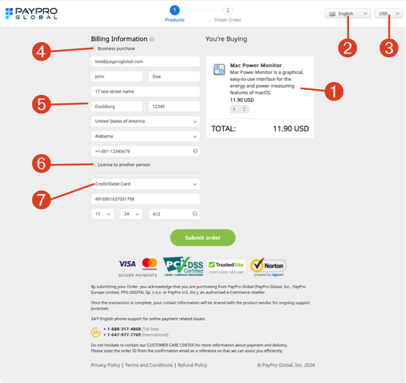 Placing an order at PayPro Global
