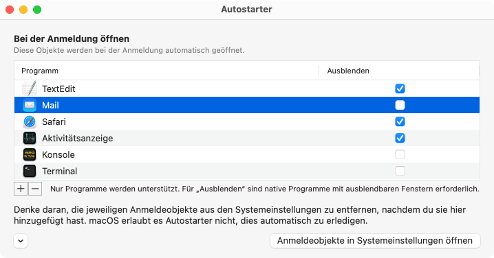 Bedienungsfenster von Autostarter
