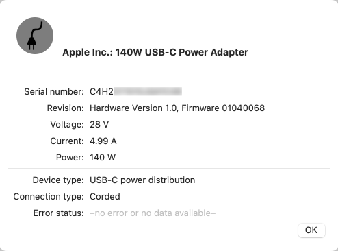 Example report for an Apple AC adapter. For power supplies with USB-C technology, the report also indicates the current charging mode as negotiated by the devices.
