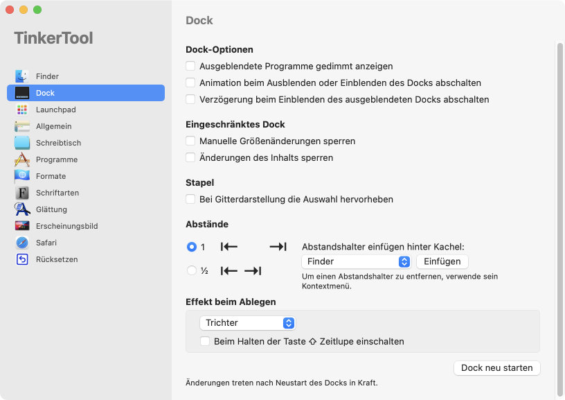Einstellmöglichkeiten für das Dock