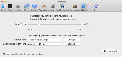 Settings for Safari (font settings not available for Safarai 12.1 or later)