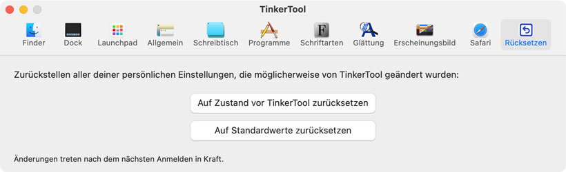 Alle Einstellungen
                können bequem wieder zurückgestellt werden.