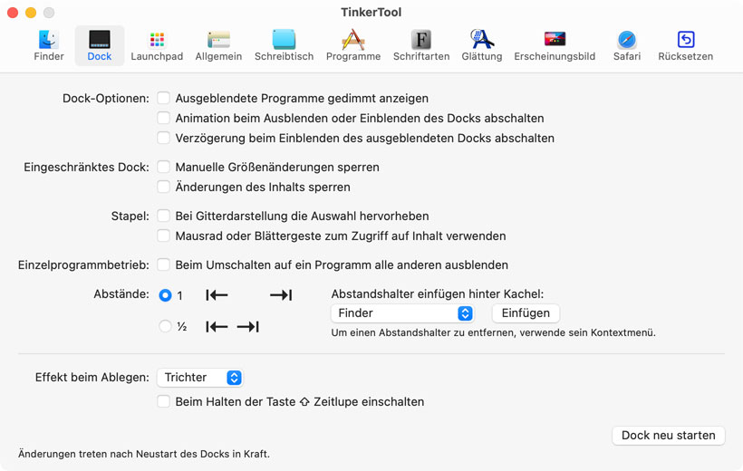 Einstellmöglichkeiten für das Dock