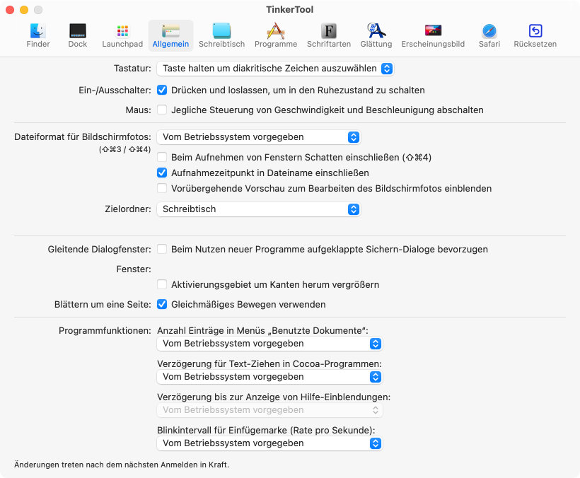 Allgemeine
                Einstellmöglichkeiten, die für alle Programme wirksam
                werden