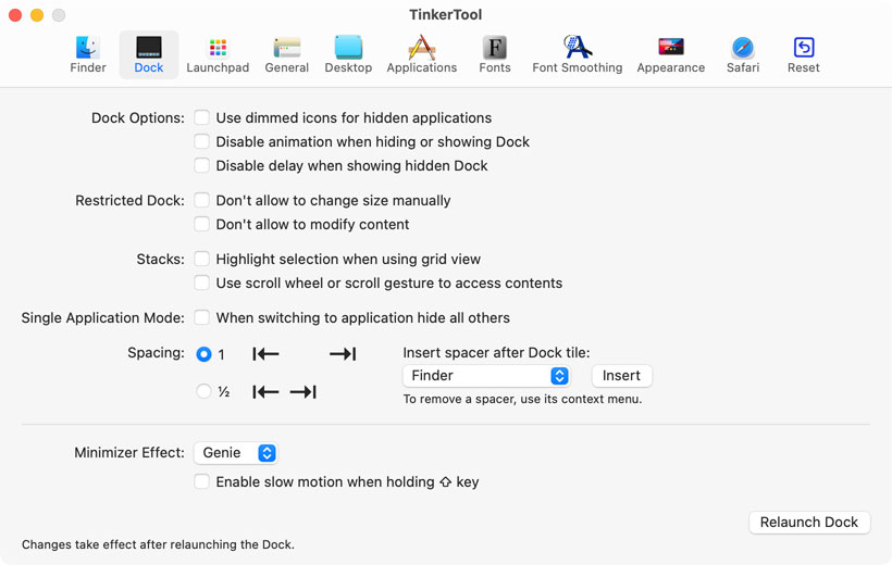 Settings for the Dock
