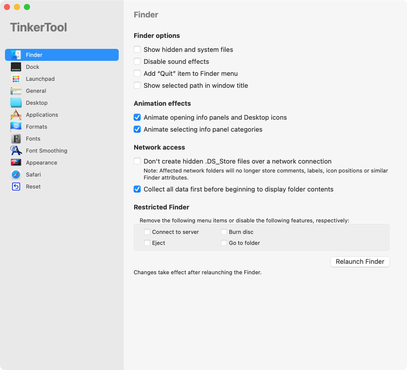 Settings for the
                Finder