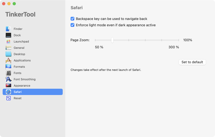Settings for Safari