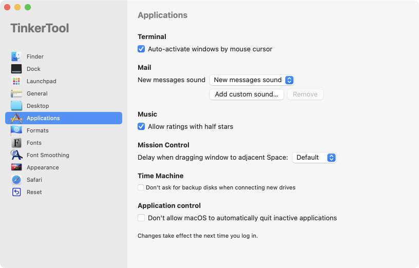 Settings for
                specific applications that come with macOS