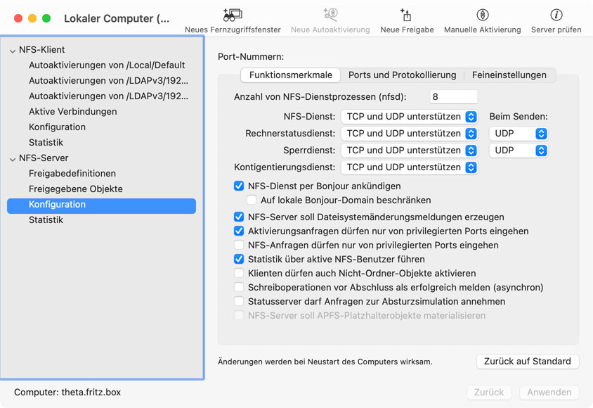 Greifen Sie auf erweiterte Einstellungen des in macOS eingebauten NFS-Servers zu