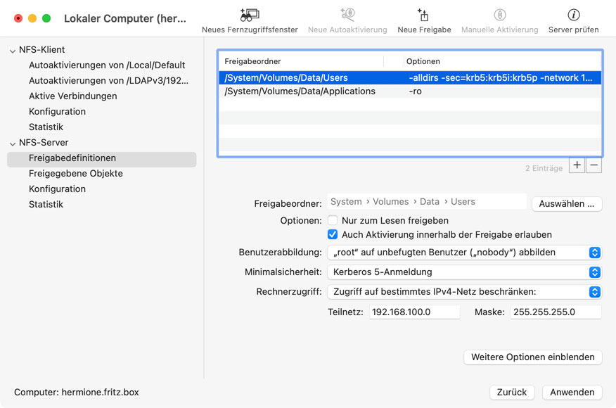 Legen Sie NFS-Exporte an: Ordner werden für andere Nutzer im Netz freigegeben.