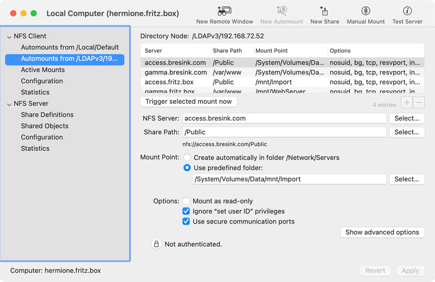 Setup automount
                entries for fully automatic connections to NFS servers
                and store them either on your local system or on a
                shared Open Directory node.