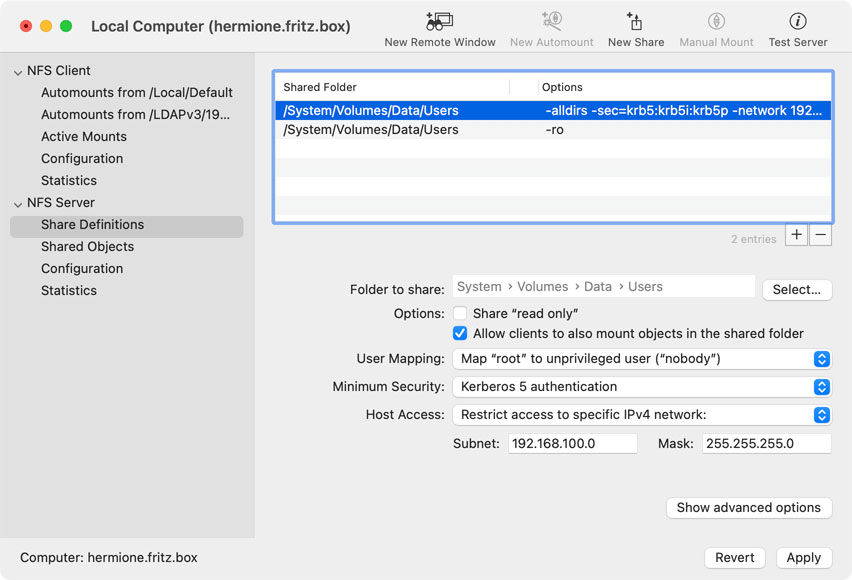 Create NFS exports, sharing folders with other
                users on the network