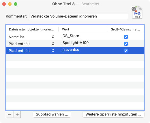 Fortgeschrittene Nutzer können Sperrlisten erstellen um bestimmte Dateien aus einem Sync Check auszuschließen.