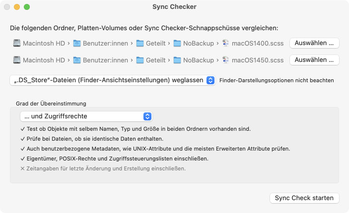 Ein Sync Check oder Schnelltest auf zwei Ordnern kann über dieses einfach zu benutzende Steuerfenster gestartet werden.