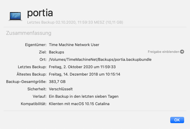 Details zu einem Backup-Satz können abgerufen werden.