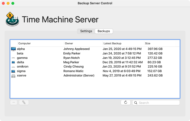The up-to-date list of all network backups stored on the server can be retrieved any time.