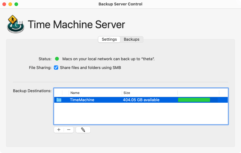 The Time Machine server is set up by enabling at least the SMB file server and one destination folder.