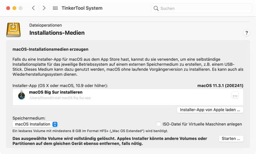 Ein selbständiges Installationsmedium für das Betriebssystem kann mit wenigen Mausklicks angelegt werden