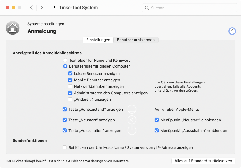 Einstellungen für den Anmeldeschirm