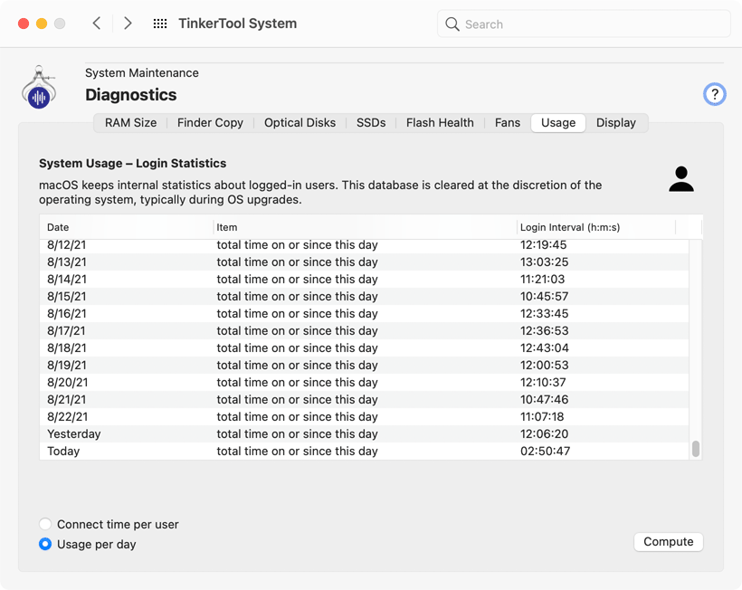 Retrieve the login time statistics kept by macOS