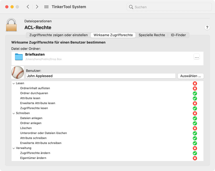 Lassen Sie TinkerTool System bestimmen, welche genauen Rechte ein Benutzer für eine bestimmte Datei hat.