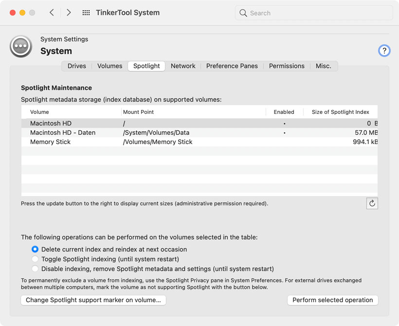 Control the Spotlight subsystem of macOS and its index databases.