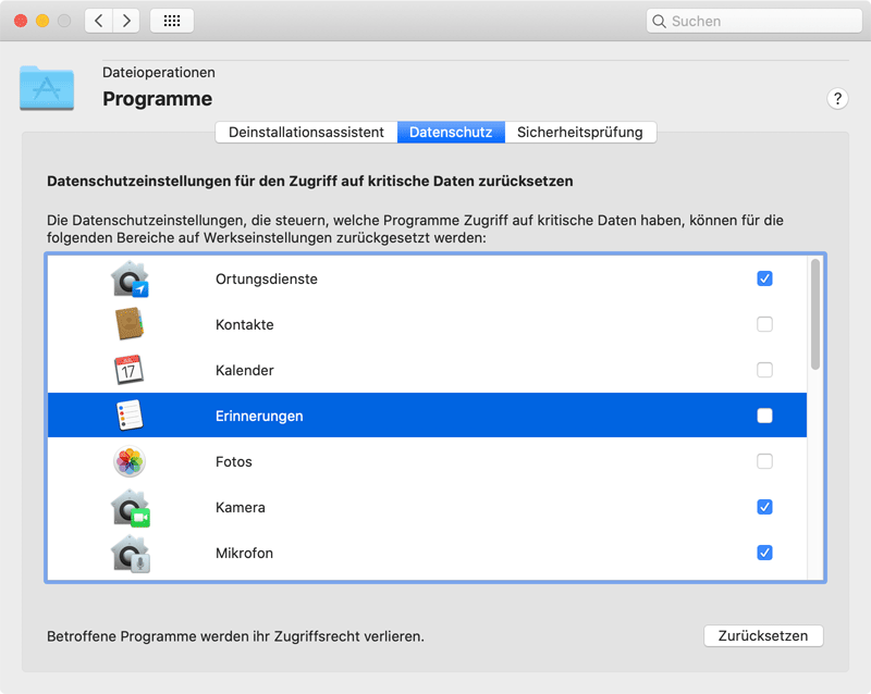 Datenschutzeinstellungen für Programme zurücksetzen