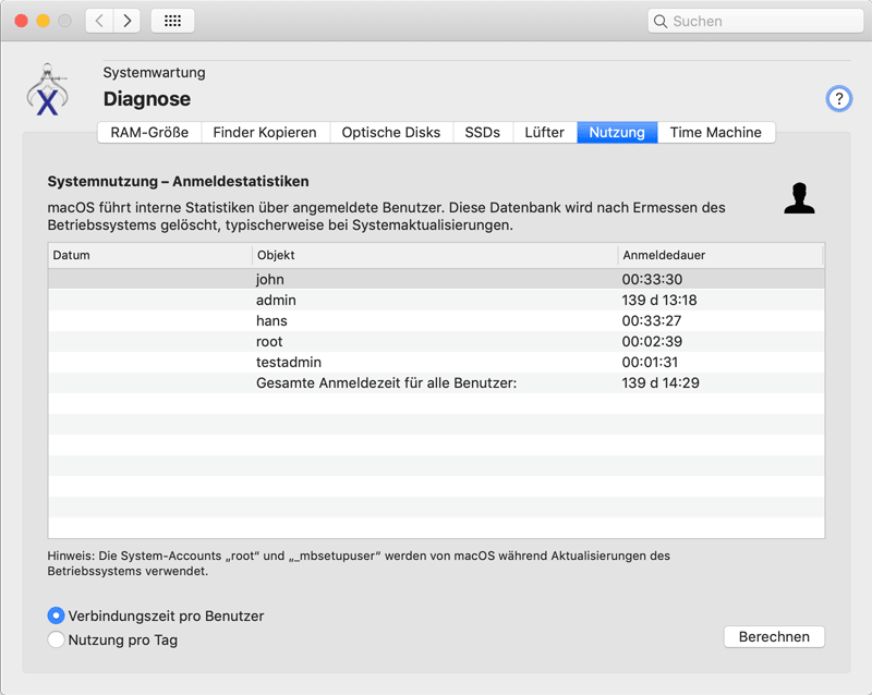 Rufen Sie die Statistik der Anmeldezeiten ab, die von macOS geführt wird