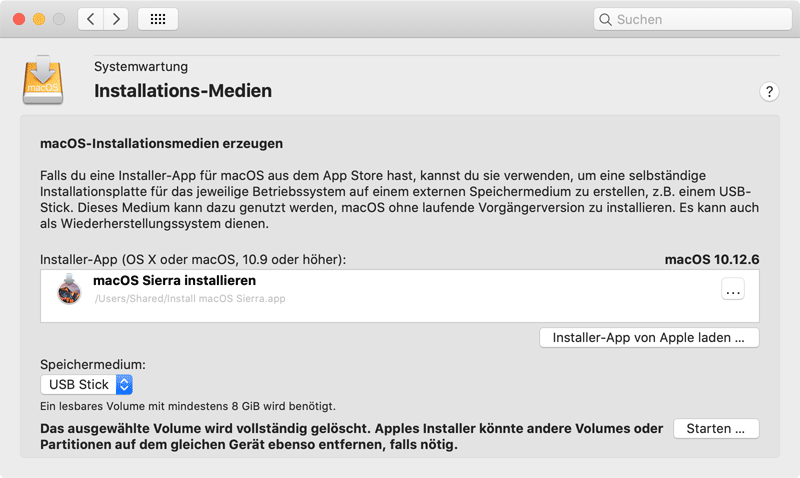 Ein selbständiges Installationsmedium für das Betriebssystem kann mit wenigen Mausklicks angelegt werden