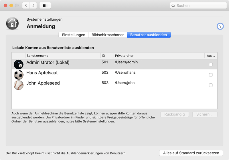 Accounts in der Benutzerliste der Anmeldung ausblenden