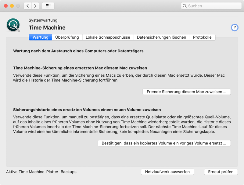 Wartung nach Austausch einer Time Machine-Datenquelle