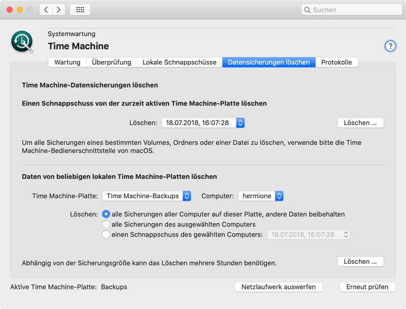 Löschen von Time Machine-Sicherungsdaten