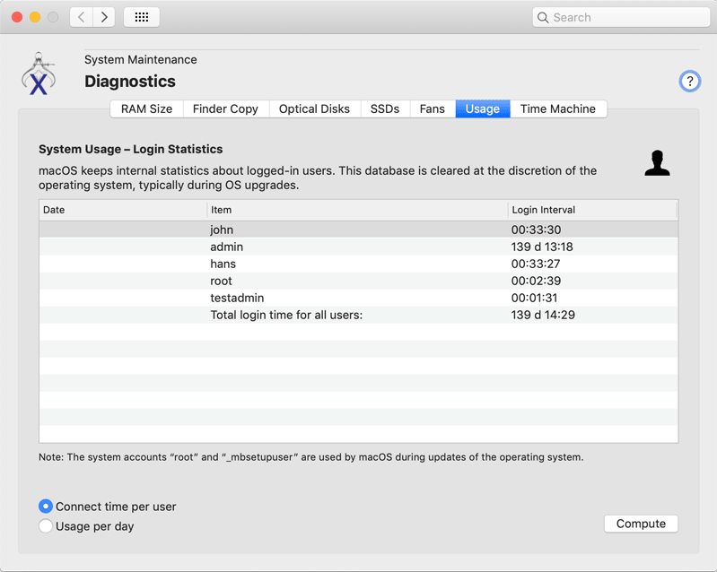 Retrieve the login time statistics kept by macOS