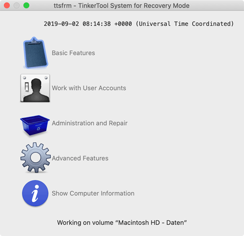 The main menu of TinkerTool System for Recovery Mode (ttsfrm