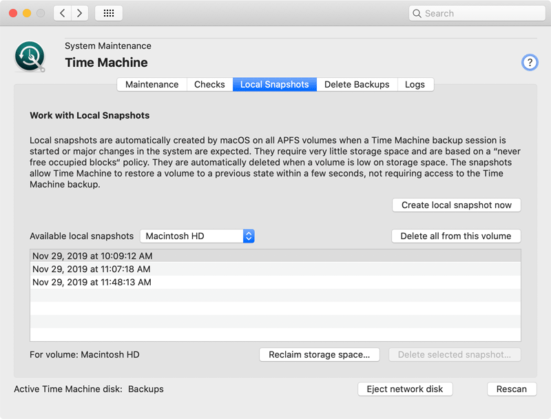 Working with local APFS snapshots