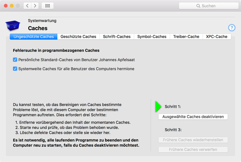 Deaktivieren Sie programmbezogene Caches ohne diese löschen zu müssen.