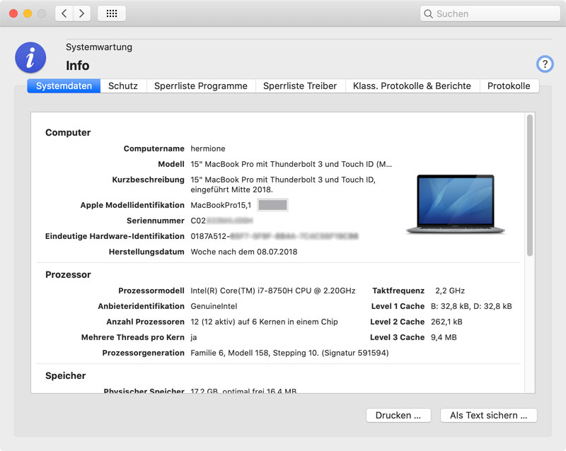 Zeigen Sie Details über die Computer-Hardware an, die im Programm Systeminformationen von macOS nicht sichtbar sind.