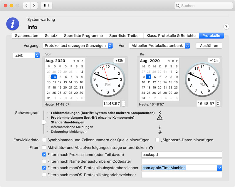 Rufen Sie Berichte aus den neuen, leistungsfähigen Protokollfunktionen von macOS ab.