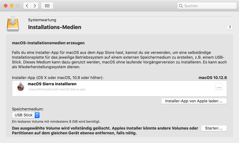 Lesen Sie Installationsmedien für macOS oder OS X an.