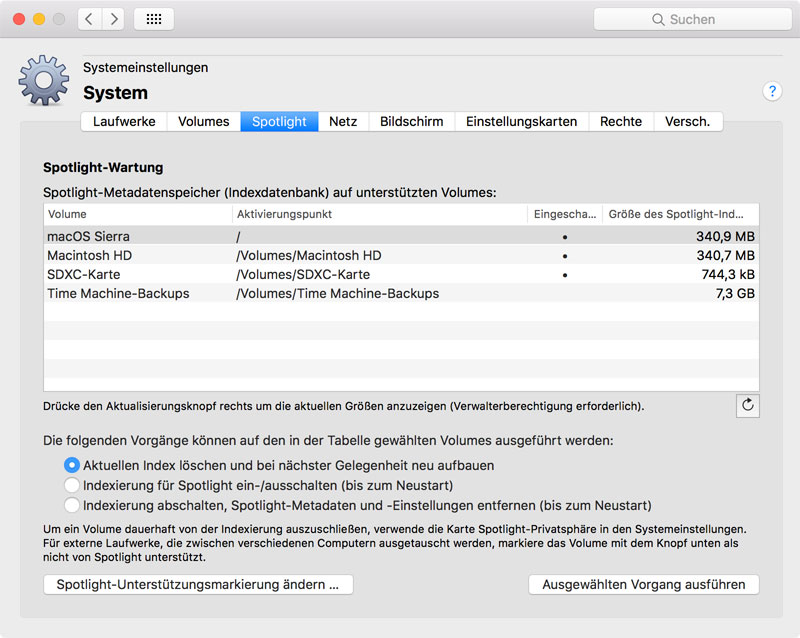 Steuern Sie das Spotlight-Subsystem von macOS und dessen Indexdatenbanken.