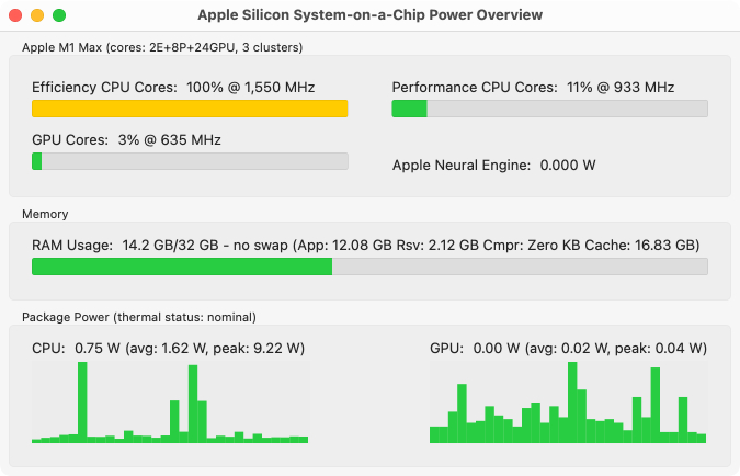 On Macs with Apple Silicon, the summary window is designed to resemble the
                display of Timothy Liu’s asitop command-line utility.