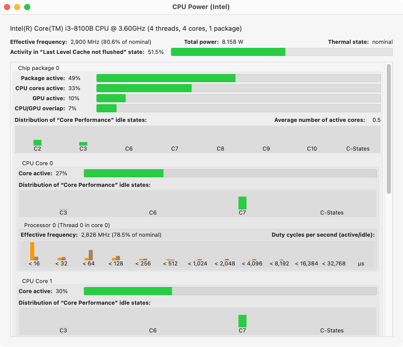 For Macs with Intel
                processors, the lengths of duty cycles and the C-states can be analyzed.