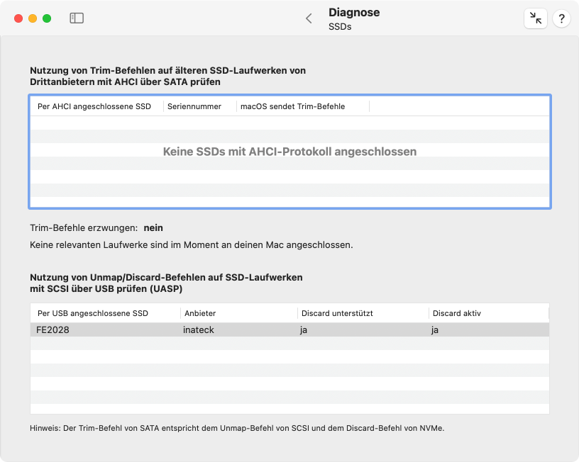 An bestimmten SSD-Anschlüssen kann unklar sein, ob macOS Trim verwendet