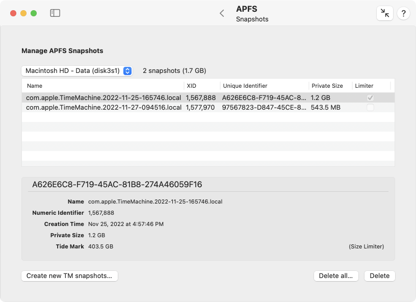 APFS snapshots can be listed and deleted