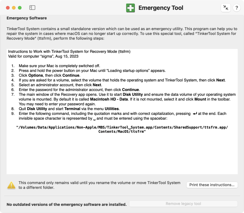 Emergency Tool - The instructions shown in the picture are individual for each computer and may not apply to your situation.