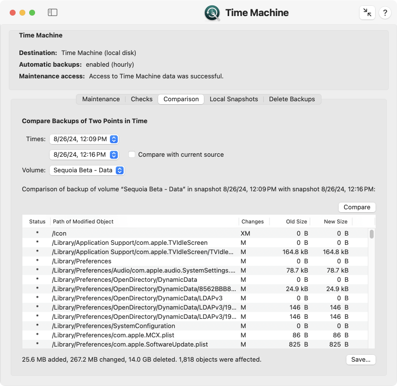 Check Time Machine by comparing backups