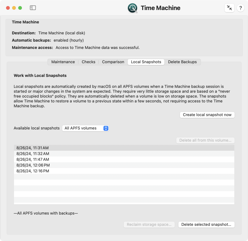 Working with local APFS snapshots